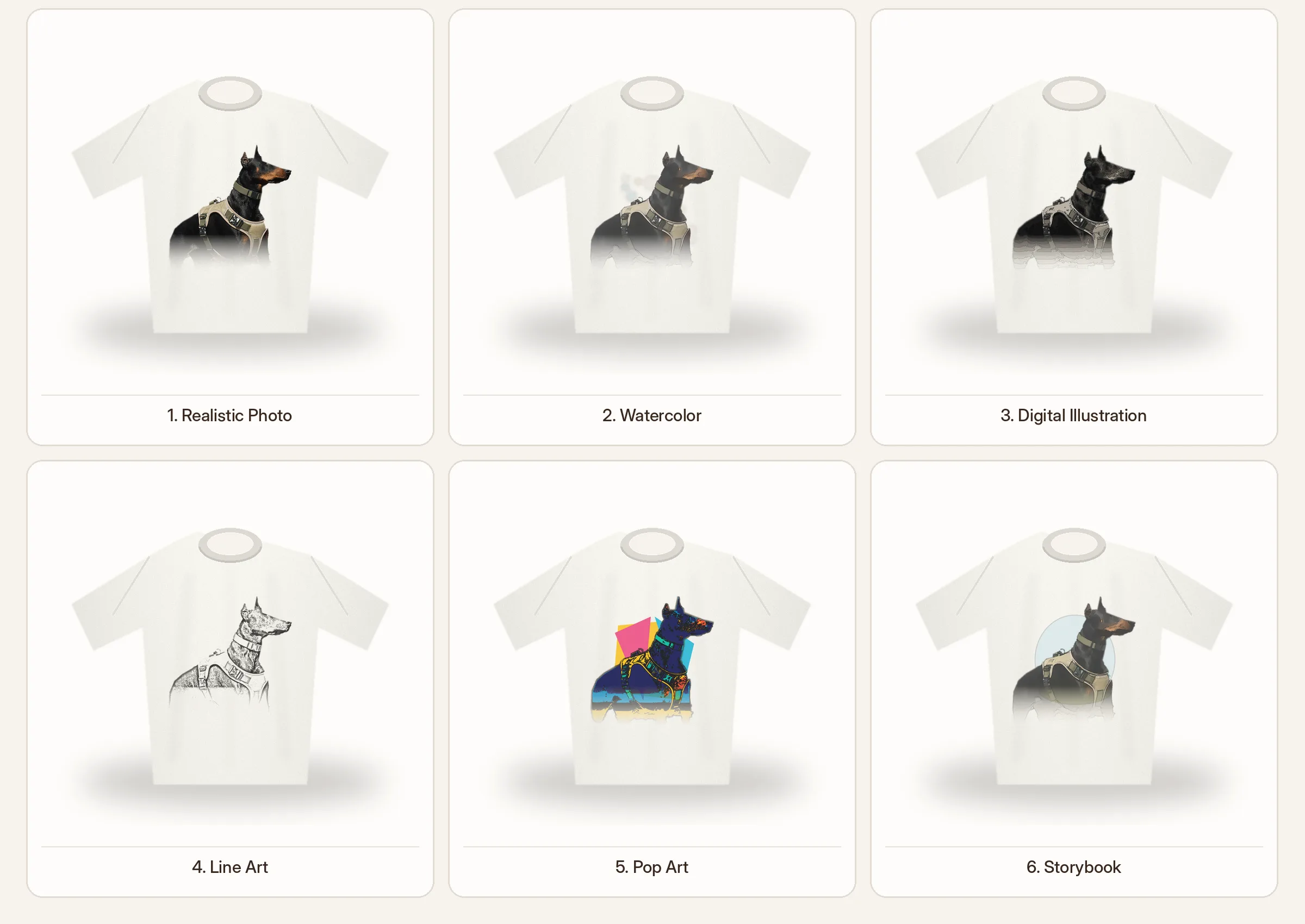 Seis estilos de ilustración de mascota aplicados a Camiseta