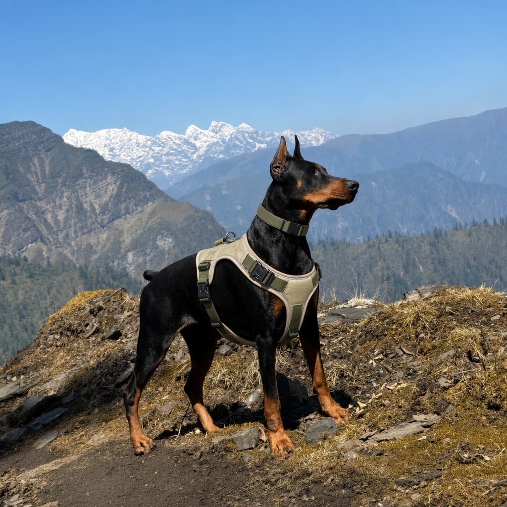 Original photo of a black and tan Doberman wearing a light harness in the mountains